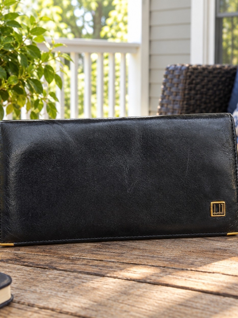 Dunhill Black Leather Mens Long Wallet with Gold Logo